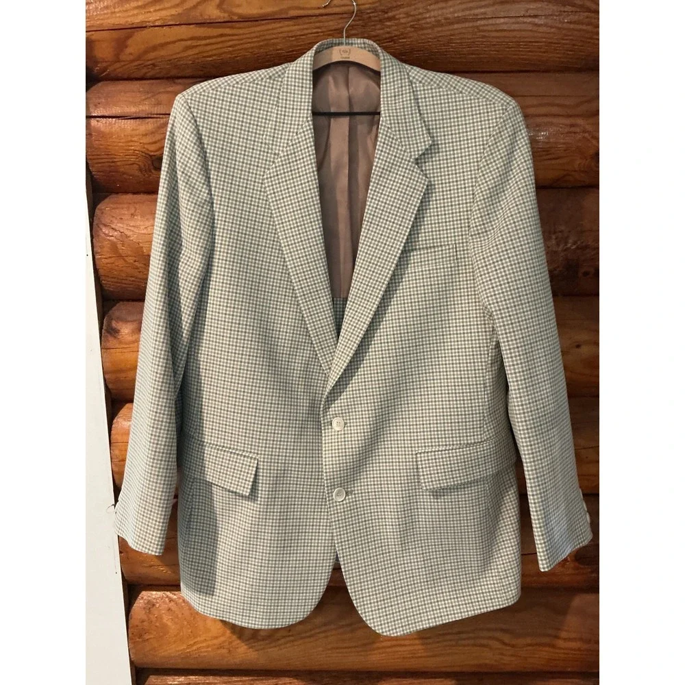 Vintage Haggar Magic Stretch Washable Sport‎ Coat Blazer Tan Grey Check Mens 44L